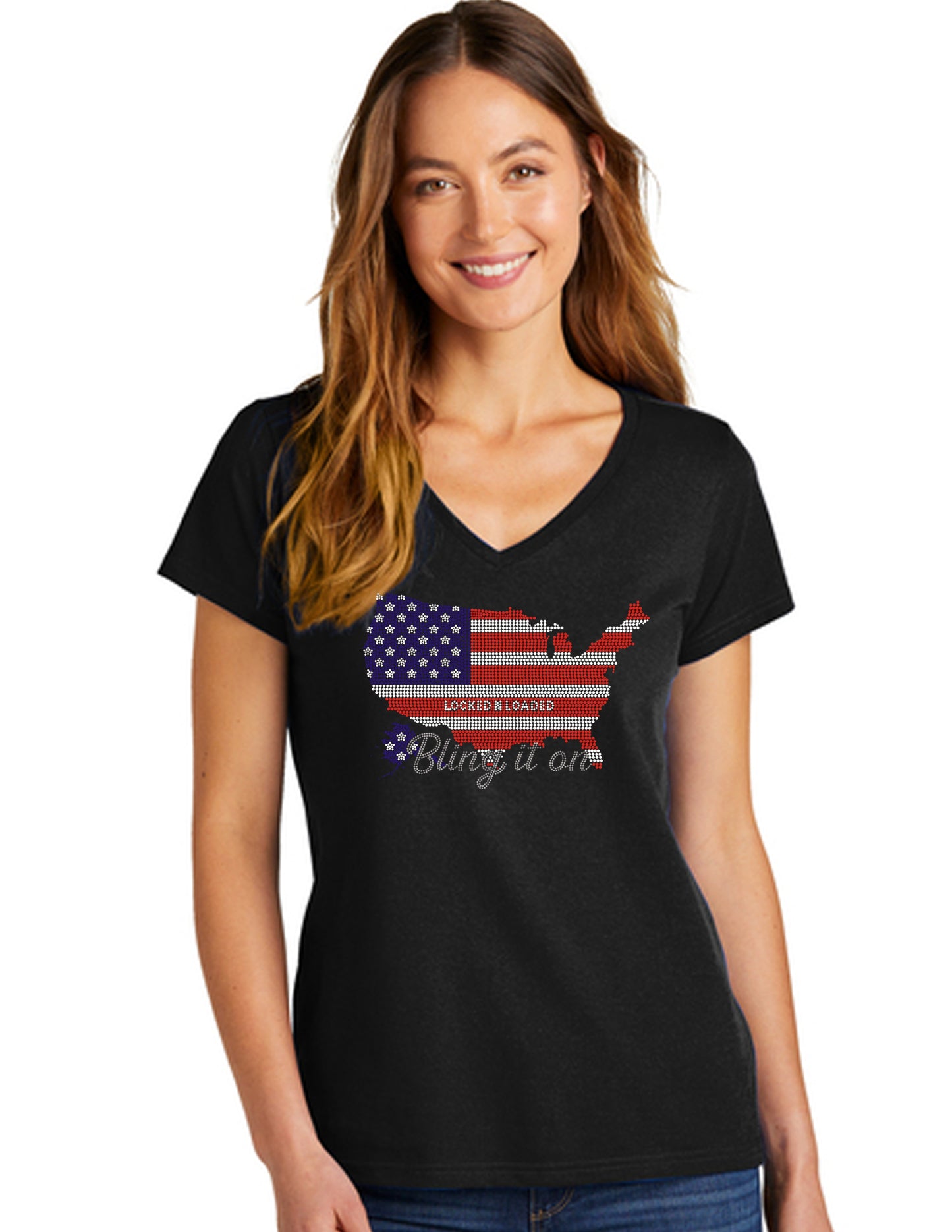 V NECK BLING IT ON USA T-SHIRT