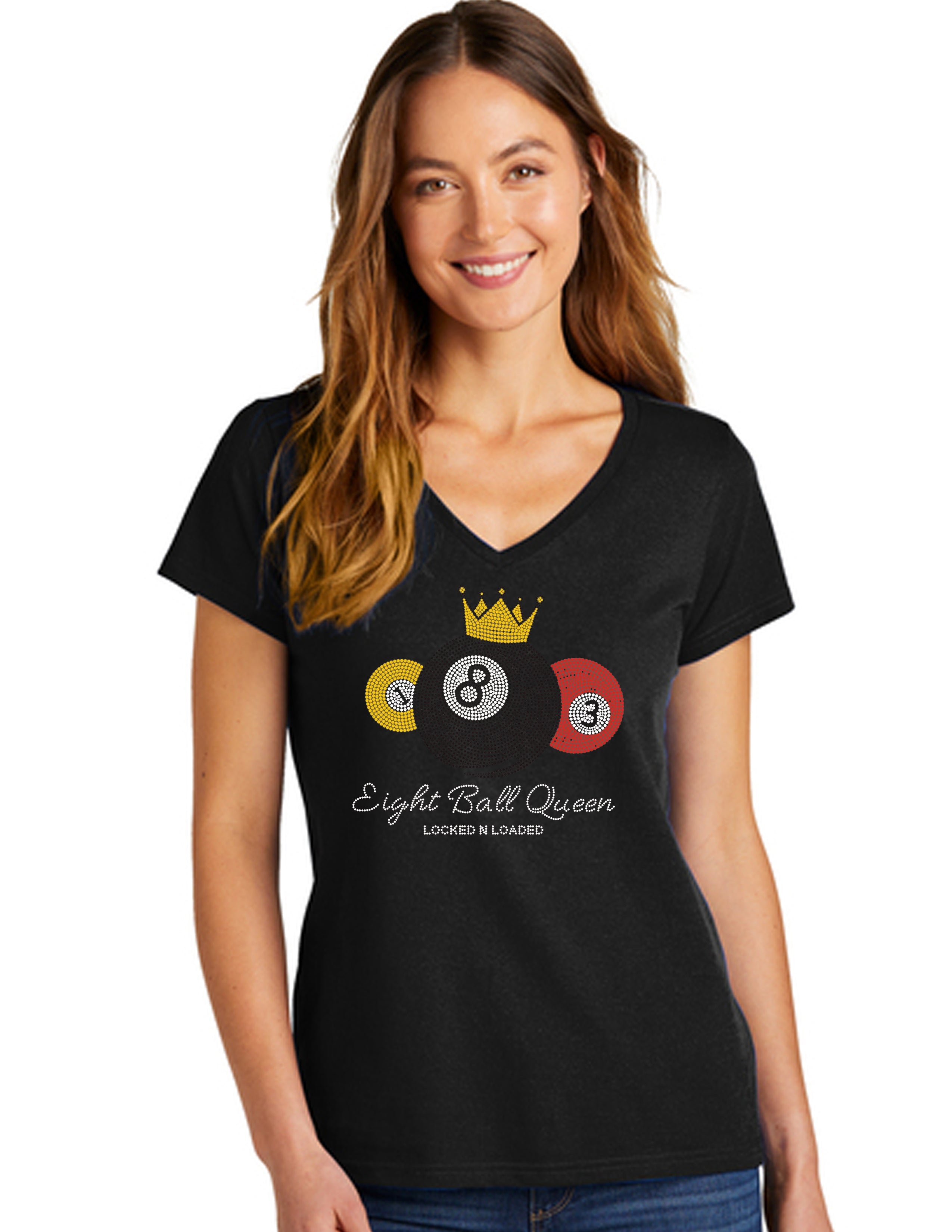 V NECK EIGHT BALL QUEEN BLING BLING T-SHIRT